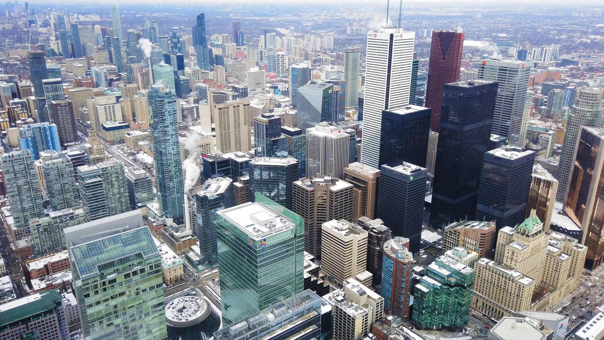 TORONTO, CANADA - Circa March 2019: High aerial view over looking the city of Toronto, Canada